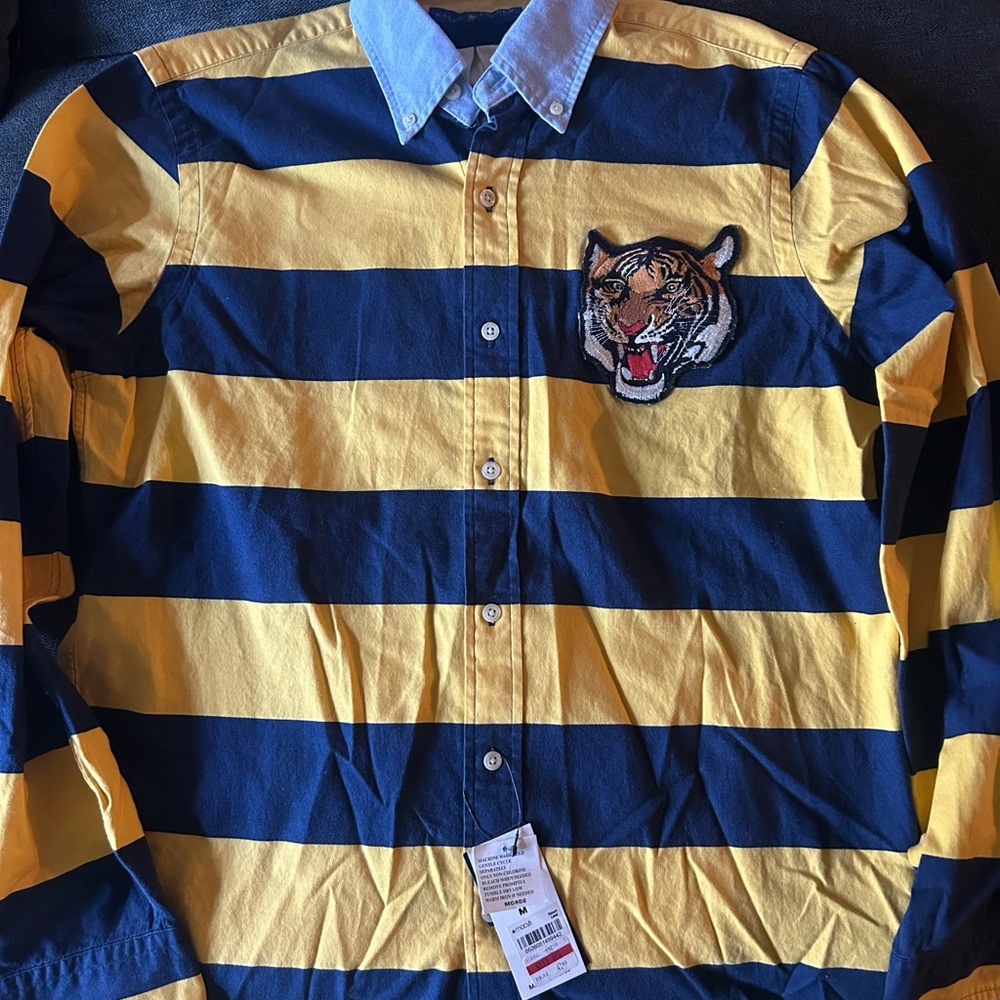 NWT Ralph Lauren Navy Blue/Yellow Stripes YALE TIGER PATCH Oxford Shirt Medium
